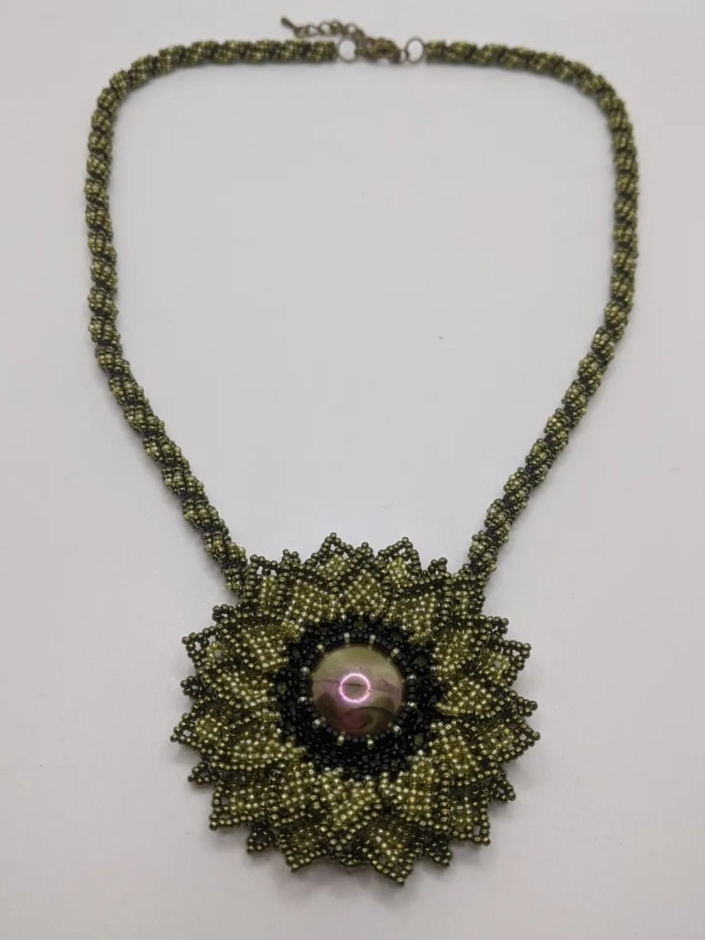 Olive Green Beaded Sunflower Pendant Necklace - Women Jewelry